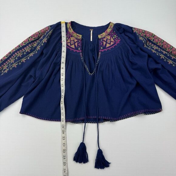 Free People Cherry Bomb Embroidered Peasant Blouse Navy Blue Pink Boho Top S - Picture 9 of 10